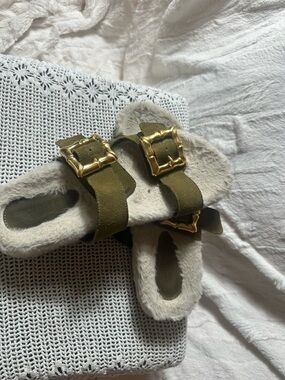 SCHUTZ Plush Faux Fur Slide Sandals in Olive and Cream with Gold Accent